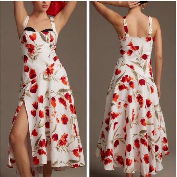 NEW Reformation Bekki Midi Dress Sz4 Rubi Red White Floral Linen Spring Wedding